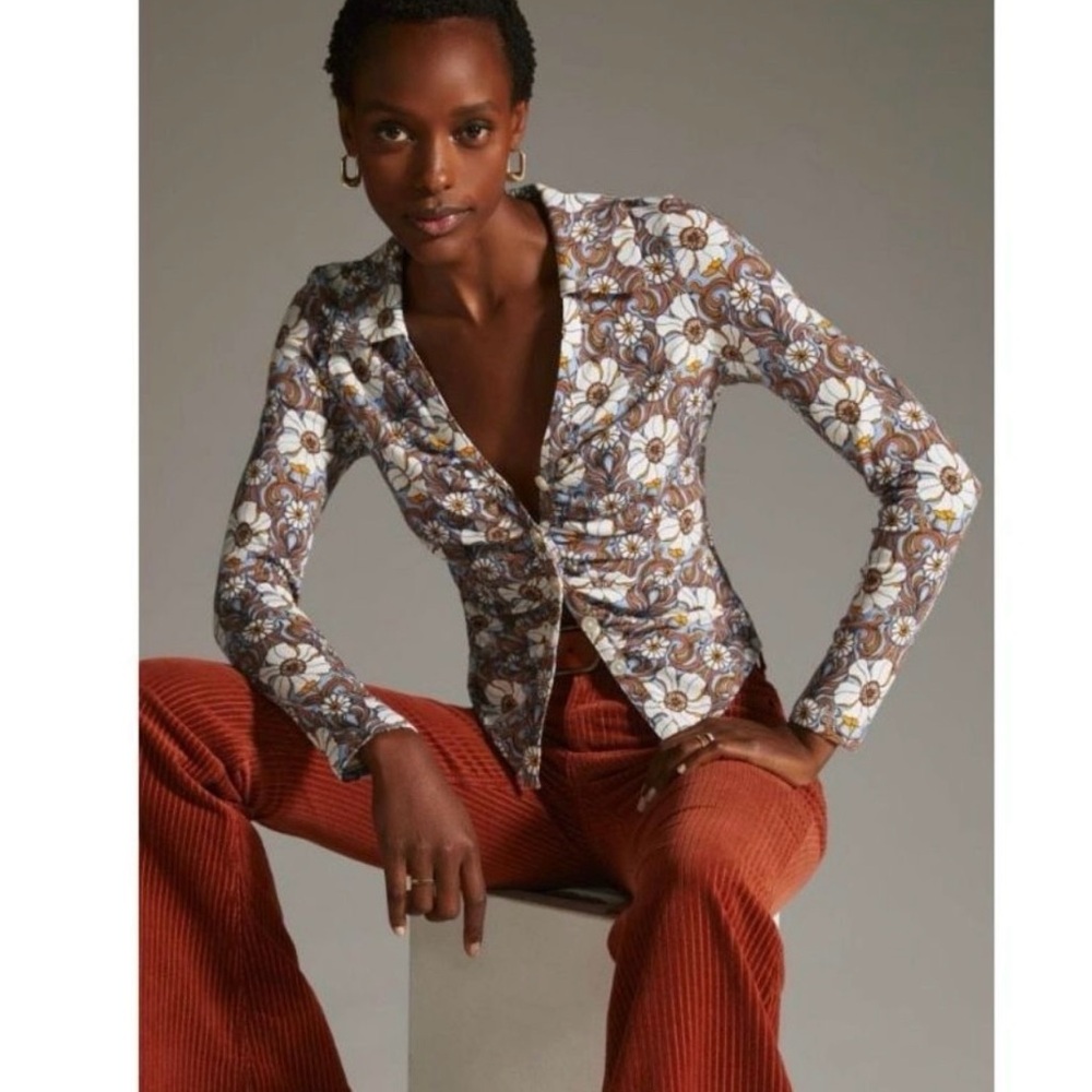 Anthropologie Maeve Floral Ruched Button Long Sleeve Top XS